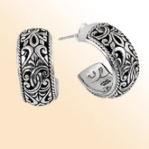 Sterling silver Bali hoop earrings with detailed scrollwork and oxidized accents, handcrafted artisan jewelry for women, perfect for everyday wear or special occasions.